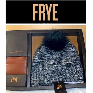 🎄 FRYE Black Marled Beanie and Leather Card Case Set NIB NWT $128